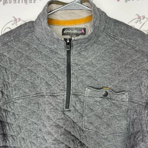 Eddie Bauer jacket pull over quilted sweater grey logos comfy thick warm quilt - Picture 4 of 10